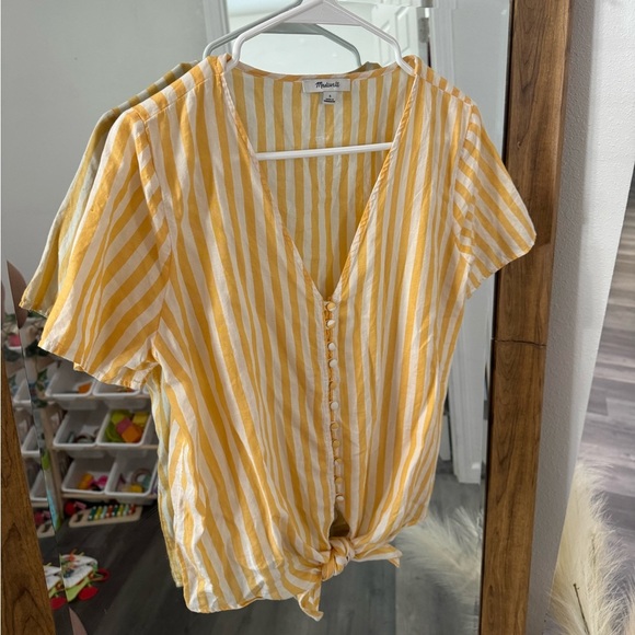 Madewell Petite Agency Tie-Front Button Top in Pompano Stripe - Picture 3 of 4